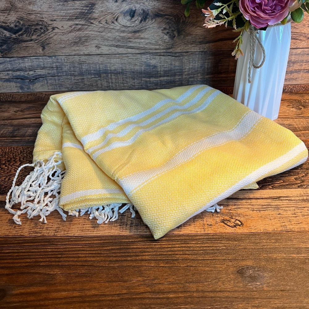 Yellow and White Striped Turkish Beach Towel